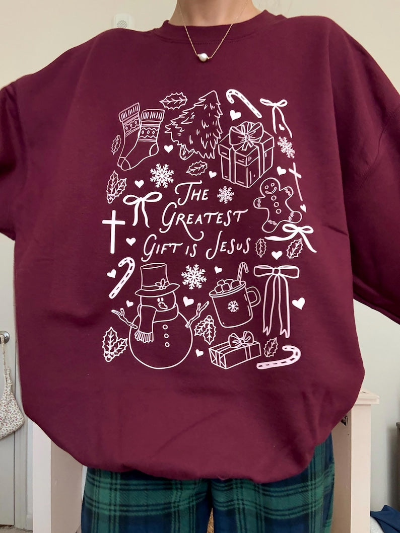 The Greatest Gift Is Jesus Christmas Sweatshirt | Christian Holiday Doodle Crewneck