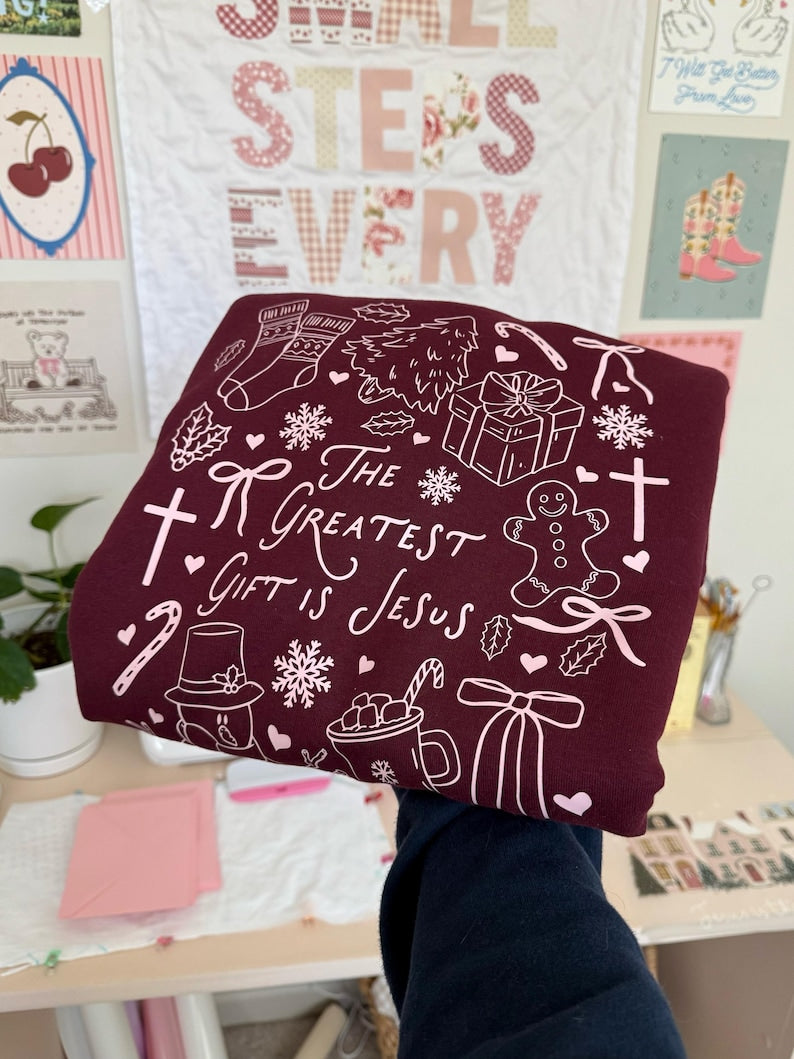 The Greatest Gift Is Jesus Christmas Sweatshirt | Christian Holiday Doodle Crewneck