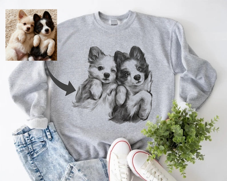 Hand-drawn pet sketch hoodies/sweatshirts, customizable with your pet's photo
