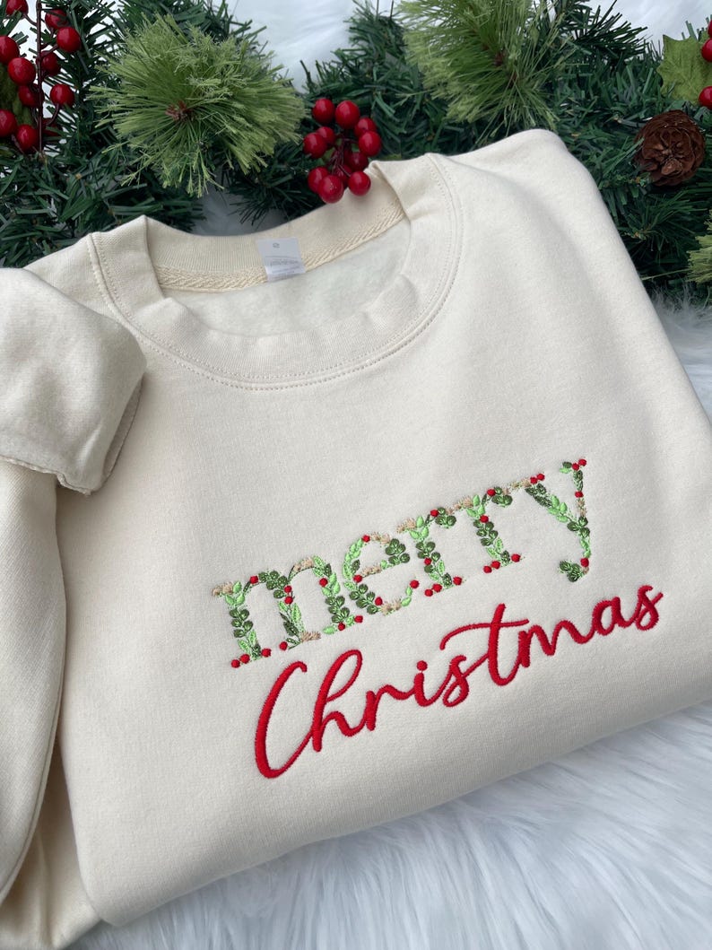Embroidered Merry Christmas sweatshirt,Christmas Floral Sweater
