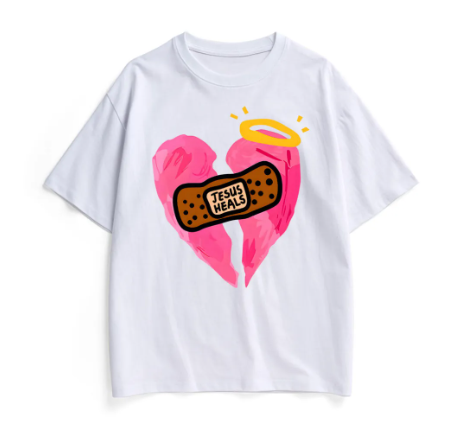 Retro Pink Broken Heart Jesus Heals Tee