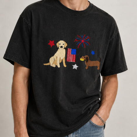 4th of July Patriotic Dog T-Shirt - Retro Washed Black, USA Flag & Fireworks Embroidery