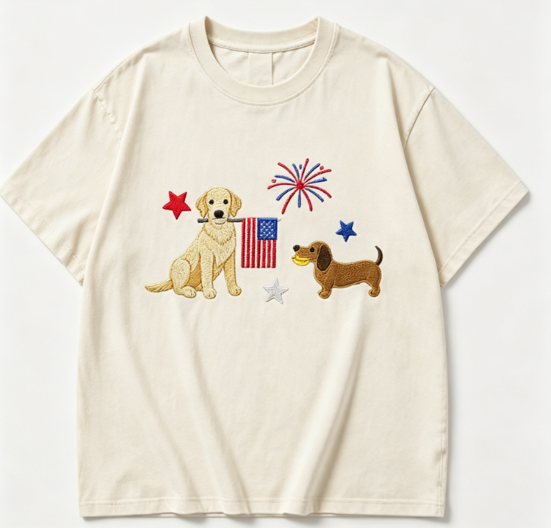 4th of July Patriotic Dog T-Shirt - Retro Washed Black, USA Flag & Fireworks Embroidery