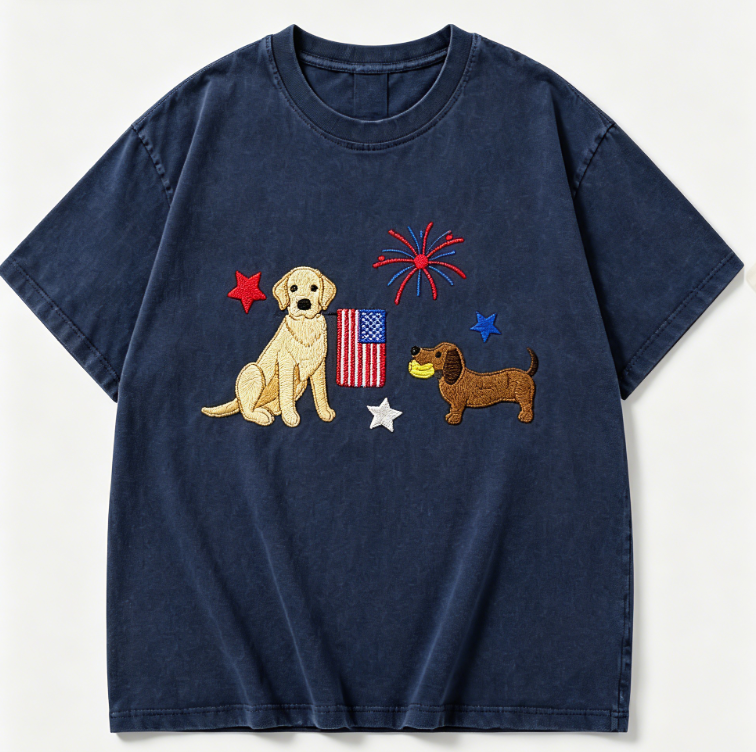 4th of July Patriotic Dog T-Shirt - Retro Washed Black, USA Flag & Fireworks Embroidery