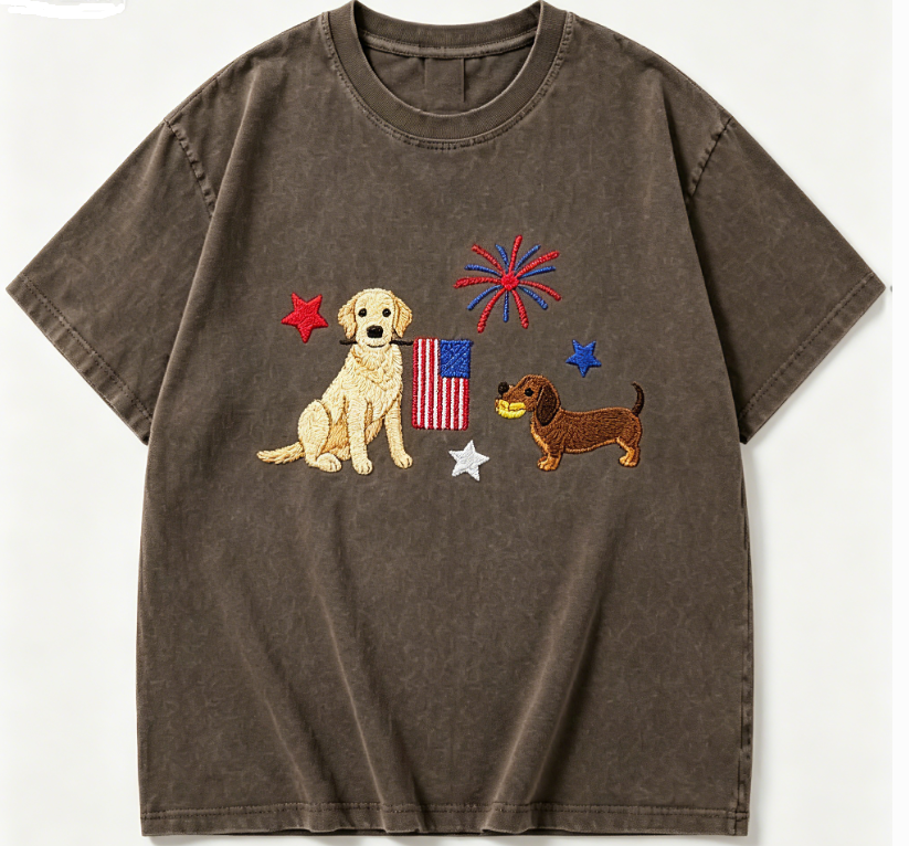 4th of July Patriotic Dog T-Shirt - Retro Washed Black, USA Flag & Fireworks Embroidery