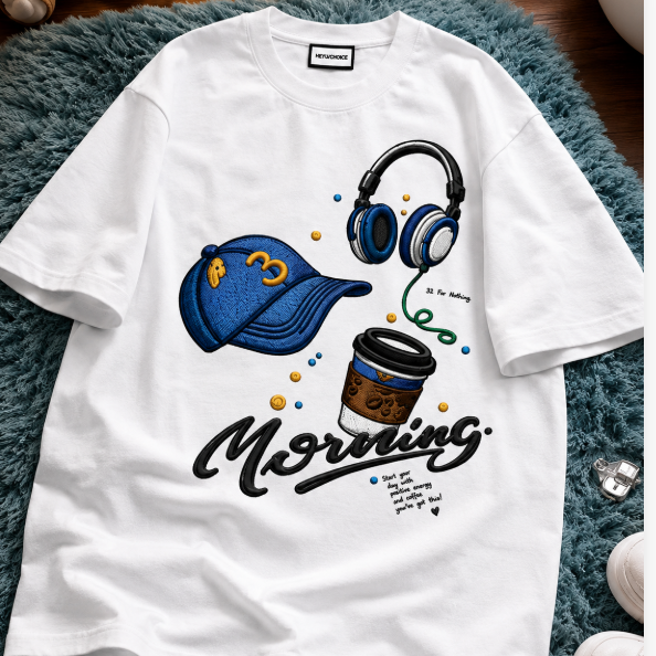 Vintage Morning Coffee & Headphones Graphic T-Shirt – Casual Streetwear Oversized Tee
