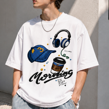 Vintage Morning Coffee & Headphones Graphic T-Shirt – Casual Streetwear Oversized Tee