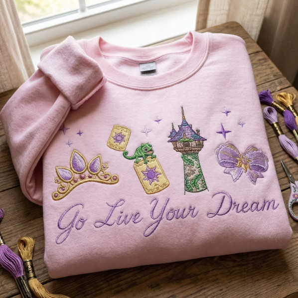 Rapunzel Go Live Your Dream Embroidered Sweatshirt, Light Blue Disney Princess Crewneck, Pascal & Tower Embroidery Pullover