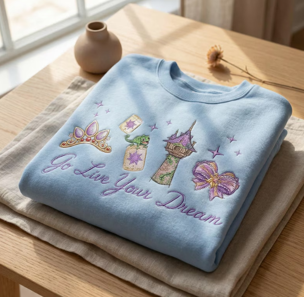 Rapunzel Go Live Your Dream Embroidered Sweatshirt, Light Blue Disney Princess Crewneck, Pascal & Tower Embroidery Pullover