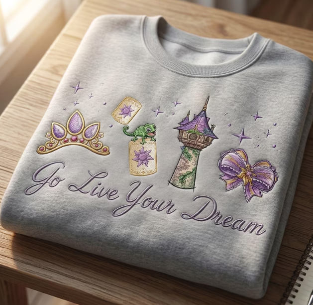 Rapunzel Go Live Your Dream Embroidered Sweatshirt, Light Blue Disney Princess Crewneck, Pascal & Tower Embroidery Pullover