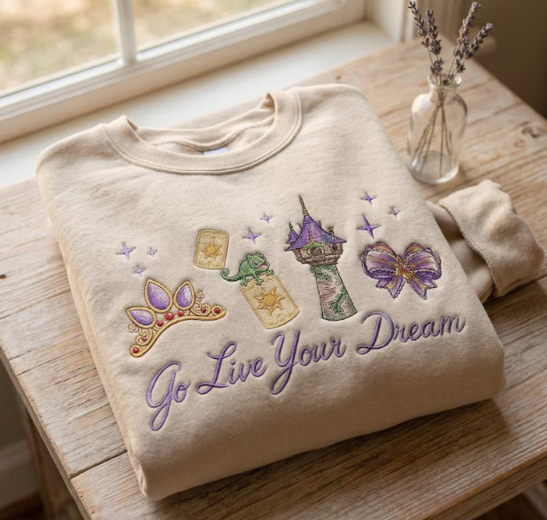 Rapunzel Go Live Your Dream Embroidered Sweatshirt, Light Blue Disney Princess Crewneck, Pascal & Tower Embroidery Pullover
