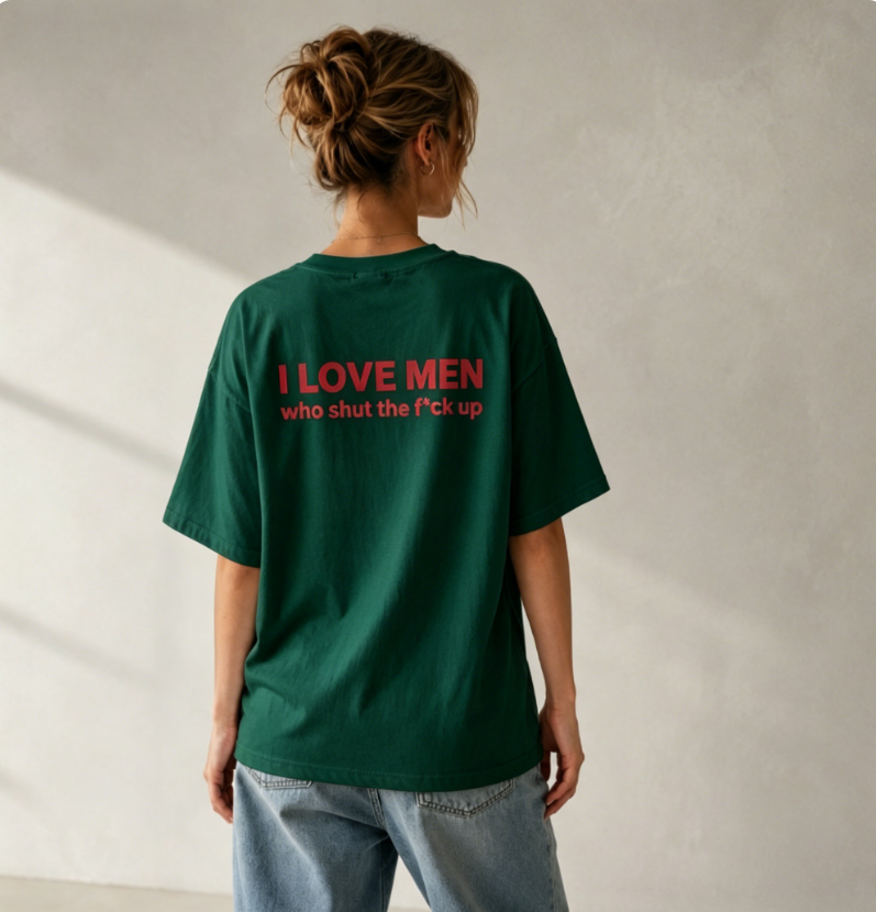 Bold Statement Oversized Graphic T-Shirt – “I LOVE MEN who shut the f*ck up” Back Print Tee