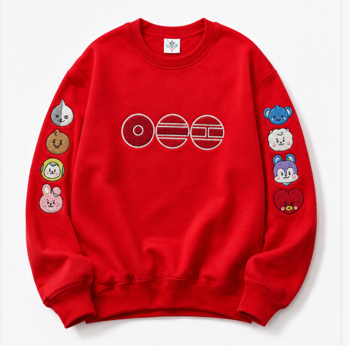 Red BT21 All-Character Embroidered Sweatshirt