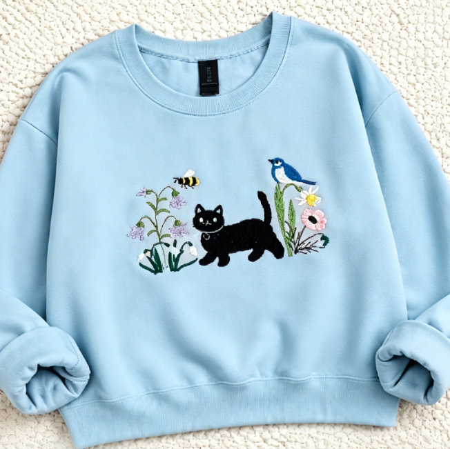 Black Cat & Floral Embroidered Sweatshirt – Cute Nature-Inspired Crewneck Pullover