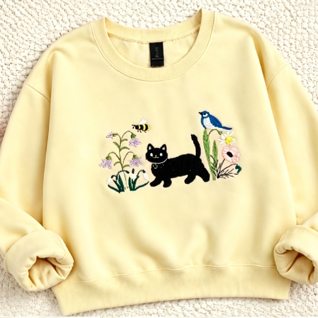 Black Cat & Floral Embroidered Sweatshirt – Cute Nature-Inspired Crewneck Pullover