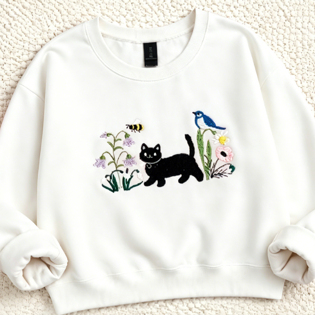 Black Cat & Floral Embroidered Sweatshirt – Cute Nature-Inspired Crewneck Pullover