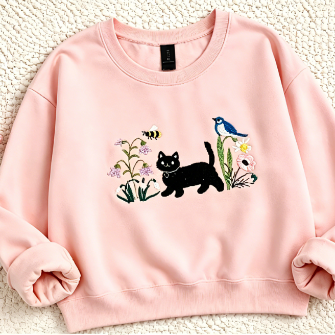 Black Cat & Floral Embroidered Sweatshirt – Cute Nature-Inspired Crewneck Pullover