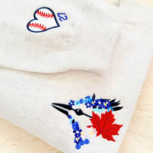 Toronto Blue Jays Floral Crewneck Sweatshirt - Custom Embroidered Baseball Heart & Maple Leaf Fan Apparel