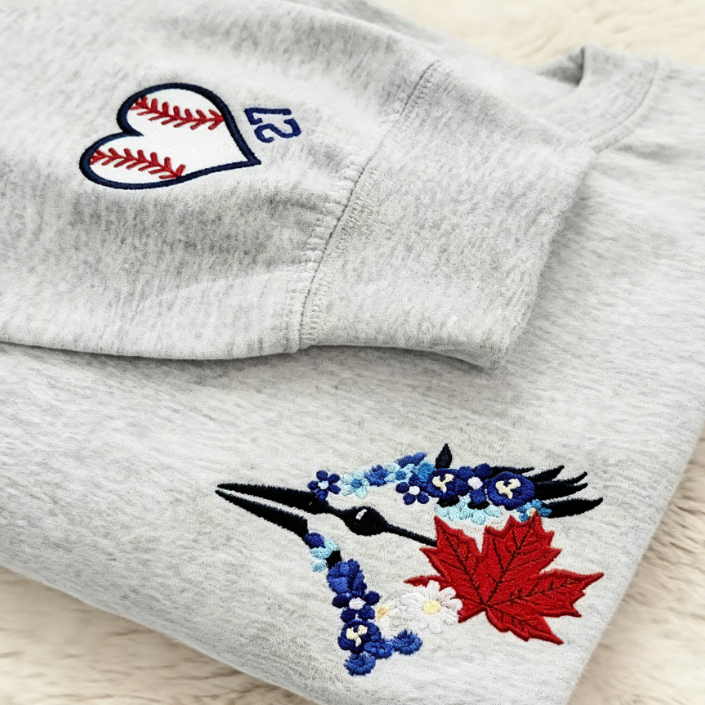 Toronto Blue Jays Floral Crewneck Sweatshirt - Custom Embroidered Baseball Heart & Maple Leaf Fan Apparel