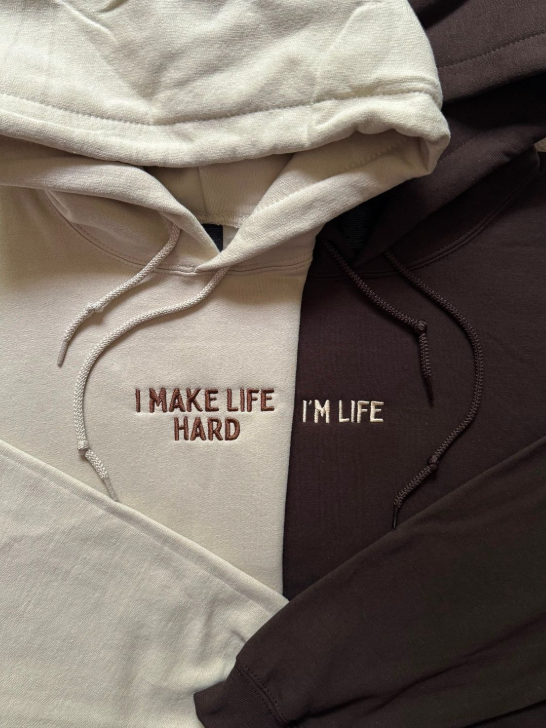 Couples Matching Hoodie Set – “I Make Life Hard” & “I’m Life” Embroidered Pullover Hoodies