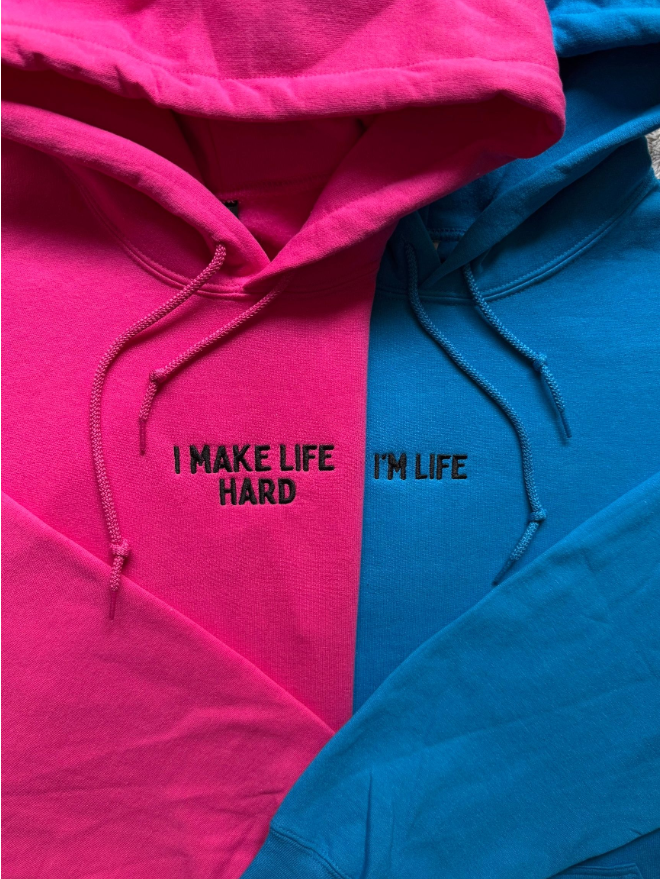 Couples Matching Hoodie Set – “I Make Life Hard” & “I’m Life” Embroidered Pullover Hoodies