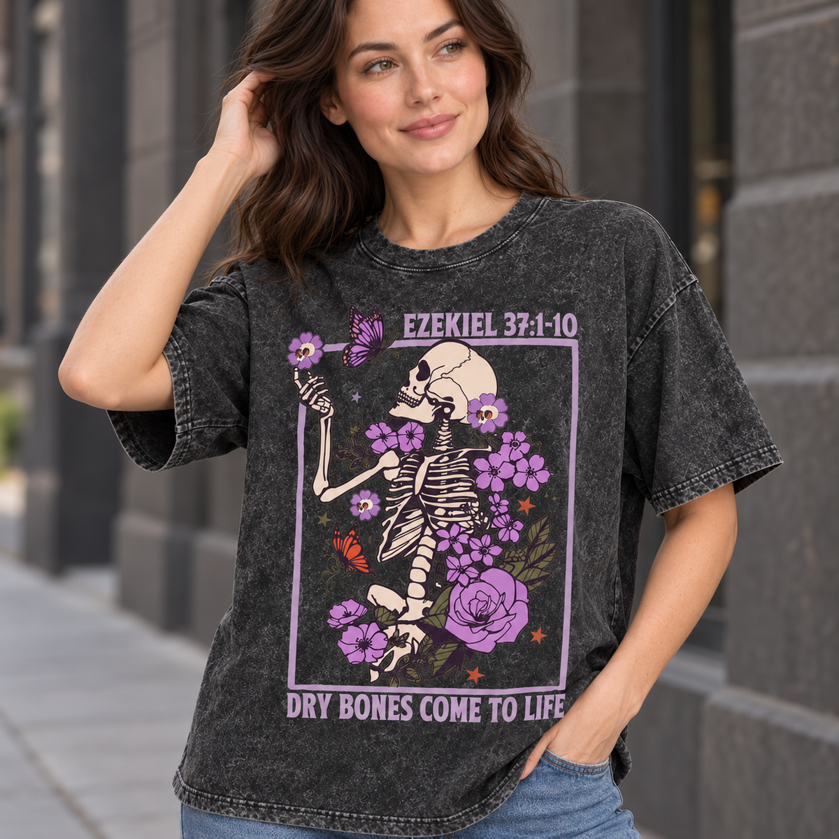 Women's Unisex Vintage Washed Short-Sleeve Round Neck Skeleton Floral T-Shirt