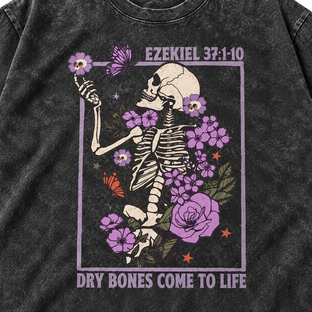 Women's Unisex Vintage Washed Short-Sleeve Round Neck Skeleton Floral T-Shirt
