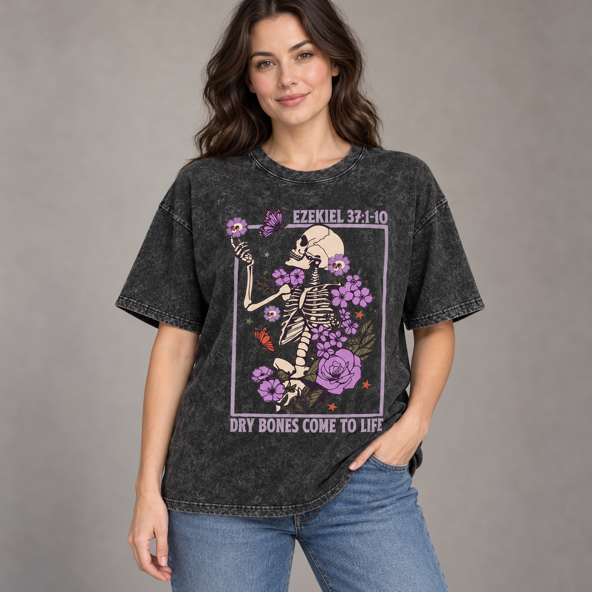 Women's Unisex Vintage Washed Short-Sleeve Round Neck Skeleton Floral T-Shirt