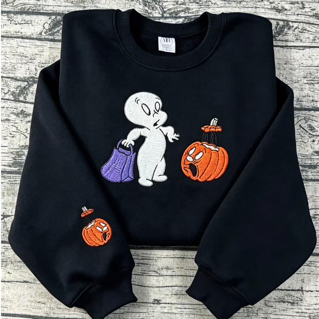 Casper Ghost Halloween Pumpkin Embroidered Crewneck Sweatshirt | Fall Spooky Season Pullover Top