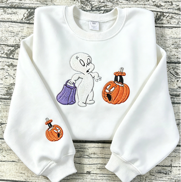 Casper Ghost Halloween Pumpkin Embroidered Crewneck Sweatshirt | Fall Spooky Season Pullover Top