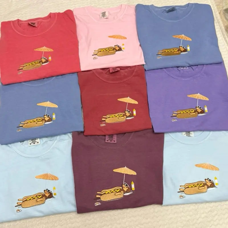 🌭 Lazy Hot Dog Dog Embroidered T-Shirt | Fun Summer Tee | Multiple Colors