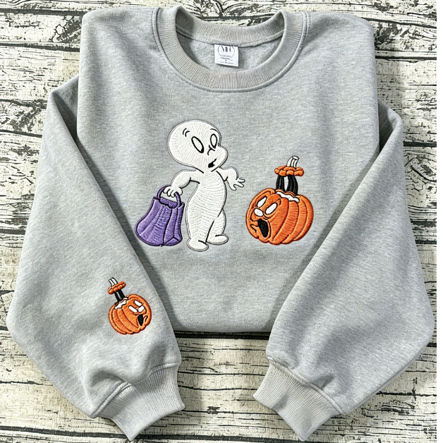 Casper Ghost Halloween Pumpkin Embroidered Crewneck Sweatshirt | Fall Spooky Season Pullover Top
