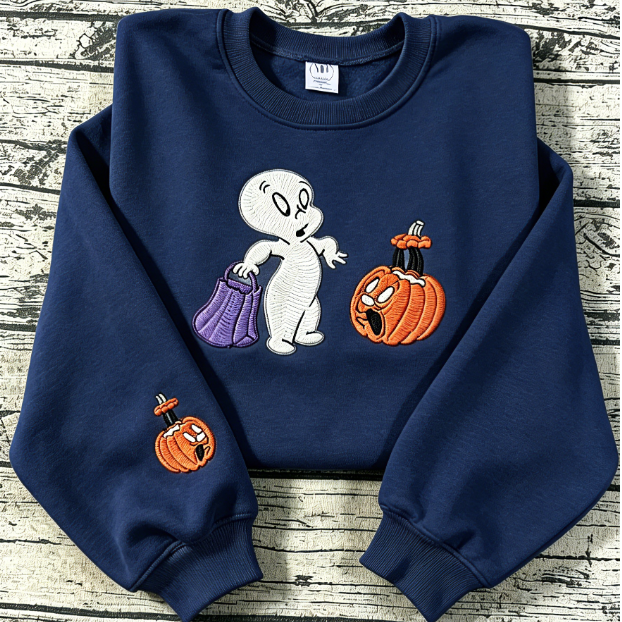 Casper Ghost Halloween Pumpkin Embroidered Crewneck Sweatshirt | Fall Spooky Season Pullover Top